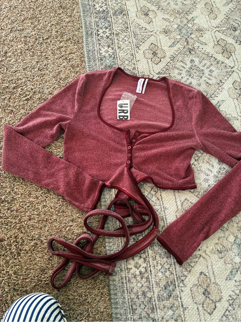 Urban Outfitters Burgundy Tie-Waist Long Sleeve Crop Top